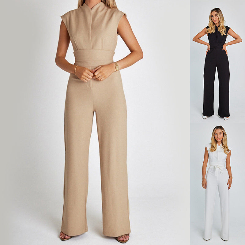 Long Sleeveless Jumpsuit Summer V-neck Casual Wide Leg Long Overalls