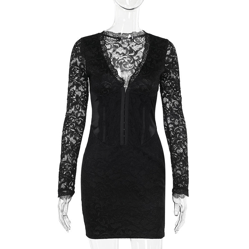 Long-sleeve Narrow Lace Mini Dress