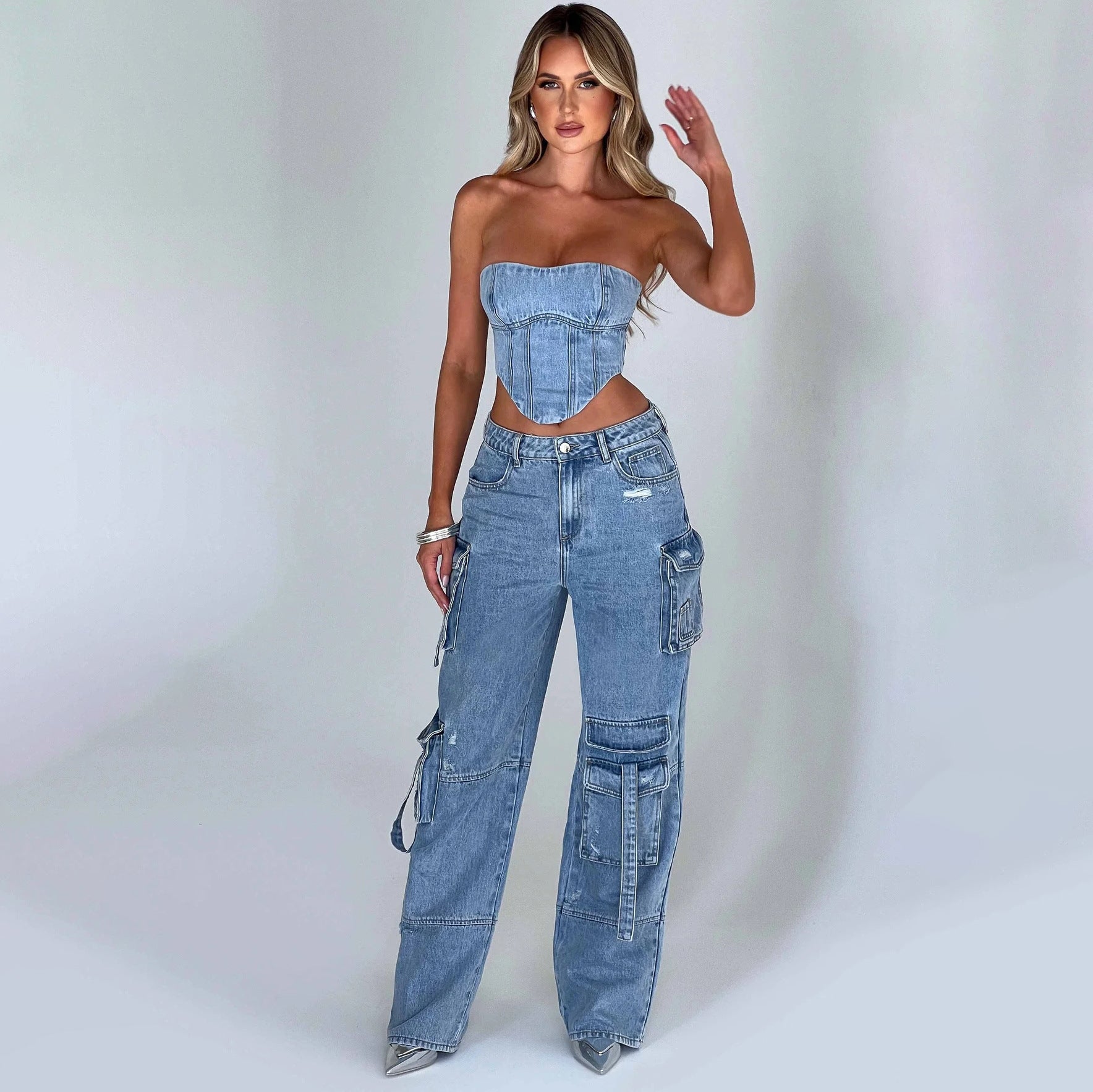 Low Waist Three-dimensional Tube Top And Pocket Stitching Jeans