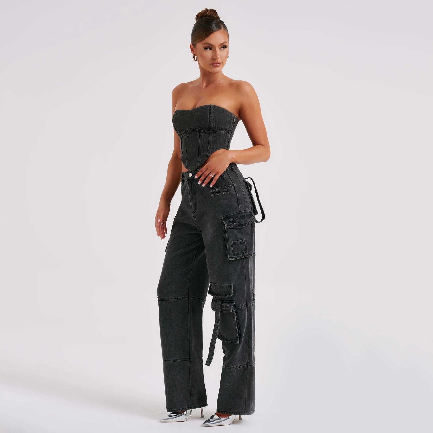 Low Waist Three-dimensional Tube Top And Pocket Stitching Jeans