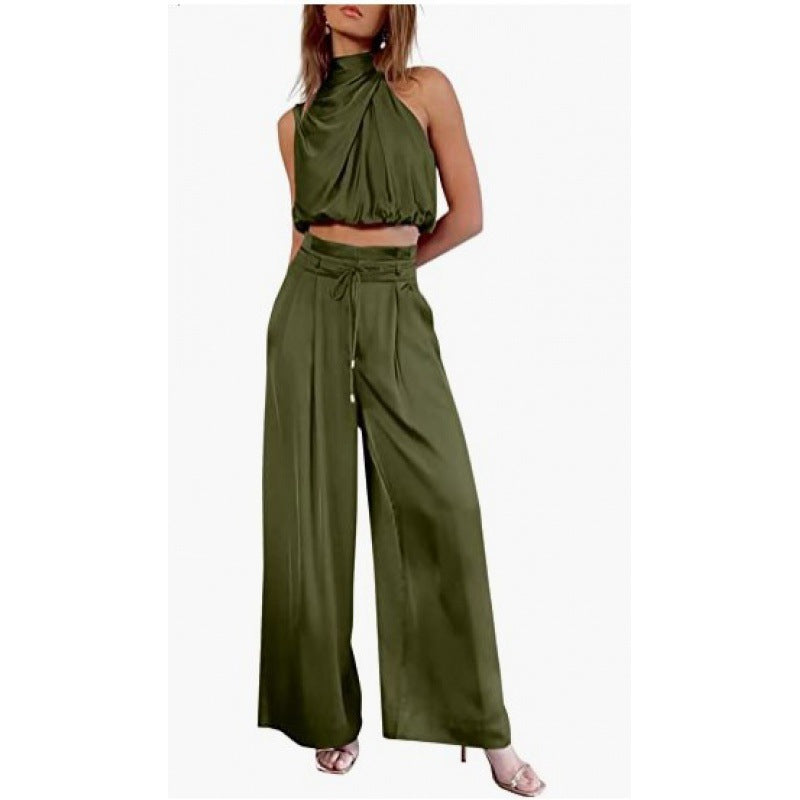 Sleeveless Midriff-baring Top And Wide Leg Pants 2pcs Set