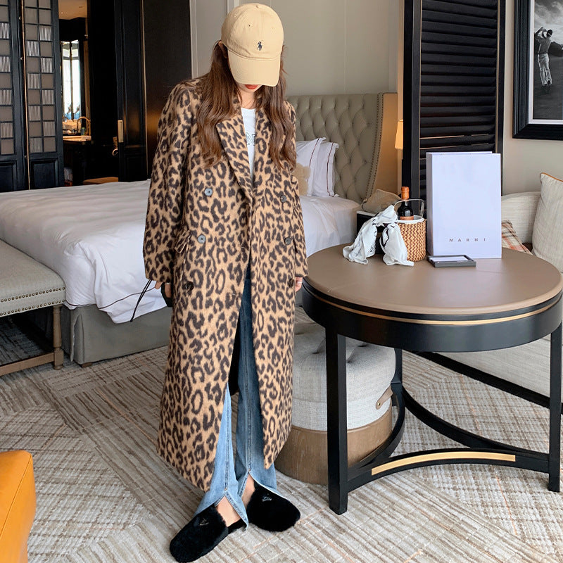 Long Leopard Print Woollen Coat