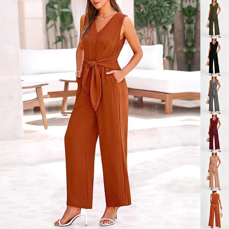 V-neck Sleeveless Long Jumpsuit With Pockets And Lace-up