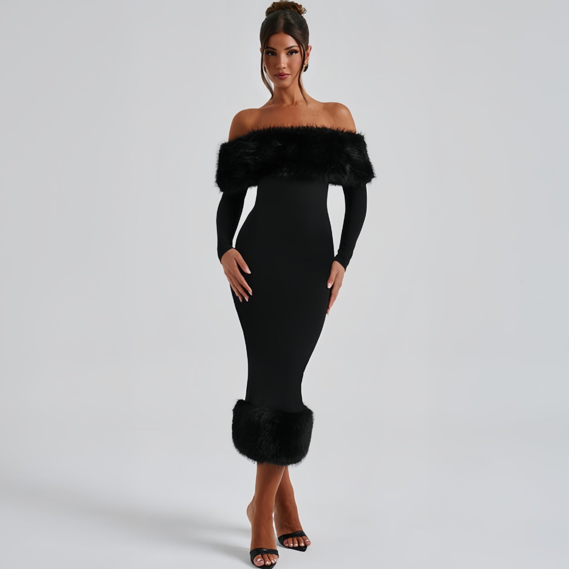 Fur Collar Off-neck Long Sleeve Maxi Dress