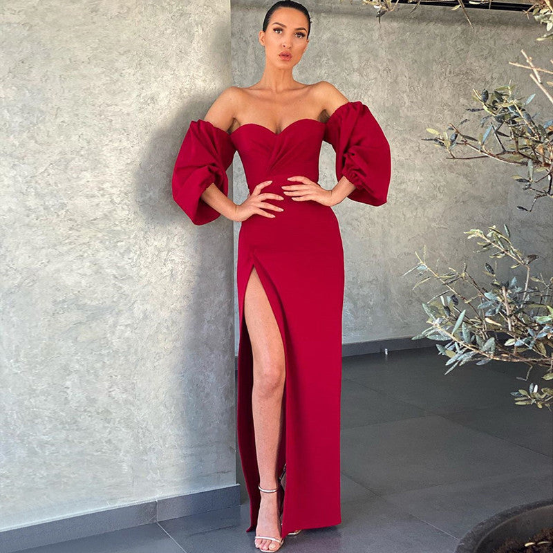 RED Off shoulder Puff Sleeve Maxi Dress