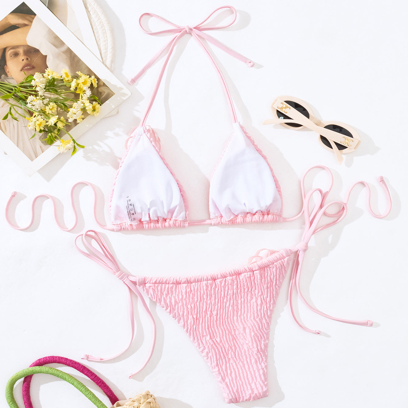 Pink Rose Bikini with a Side Tie Thong