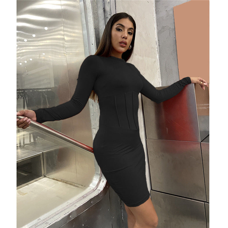 Long-sleeve Bodycon Pleated Midi Dress