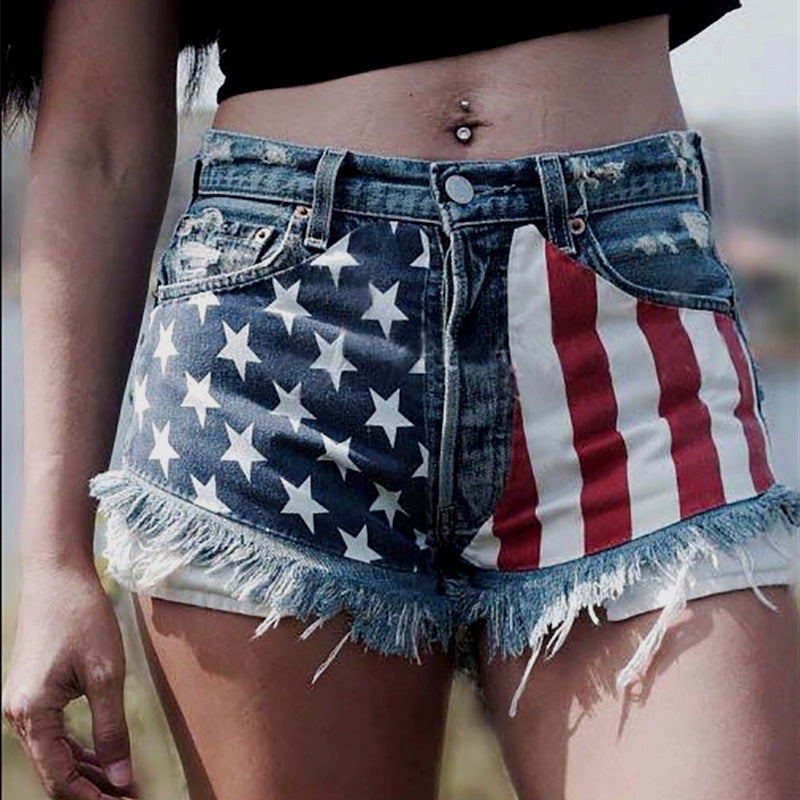 Ripped Print Denim Shorts