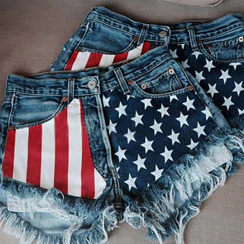 Ripped Print Denim Shorts