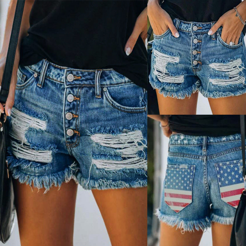 Ripped Print Denim Shorts