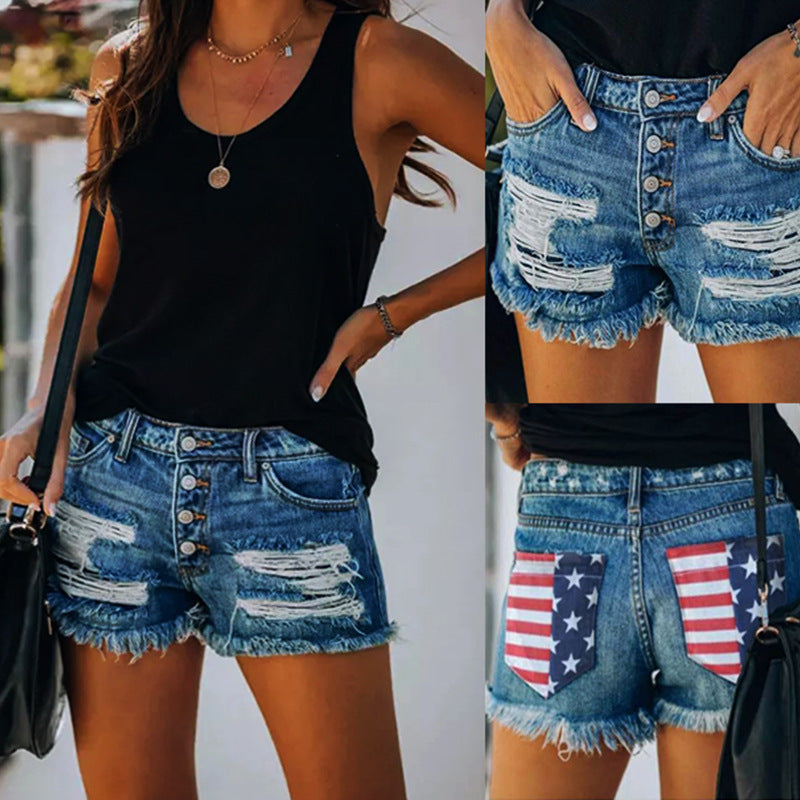 Ripped Print Denim Shorts