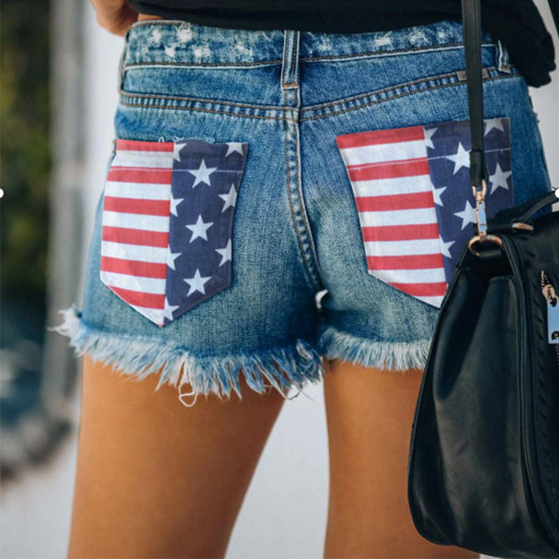 Ripped Print Denim Shorts