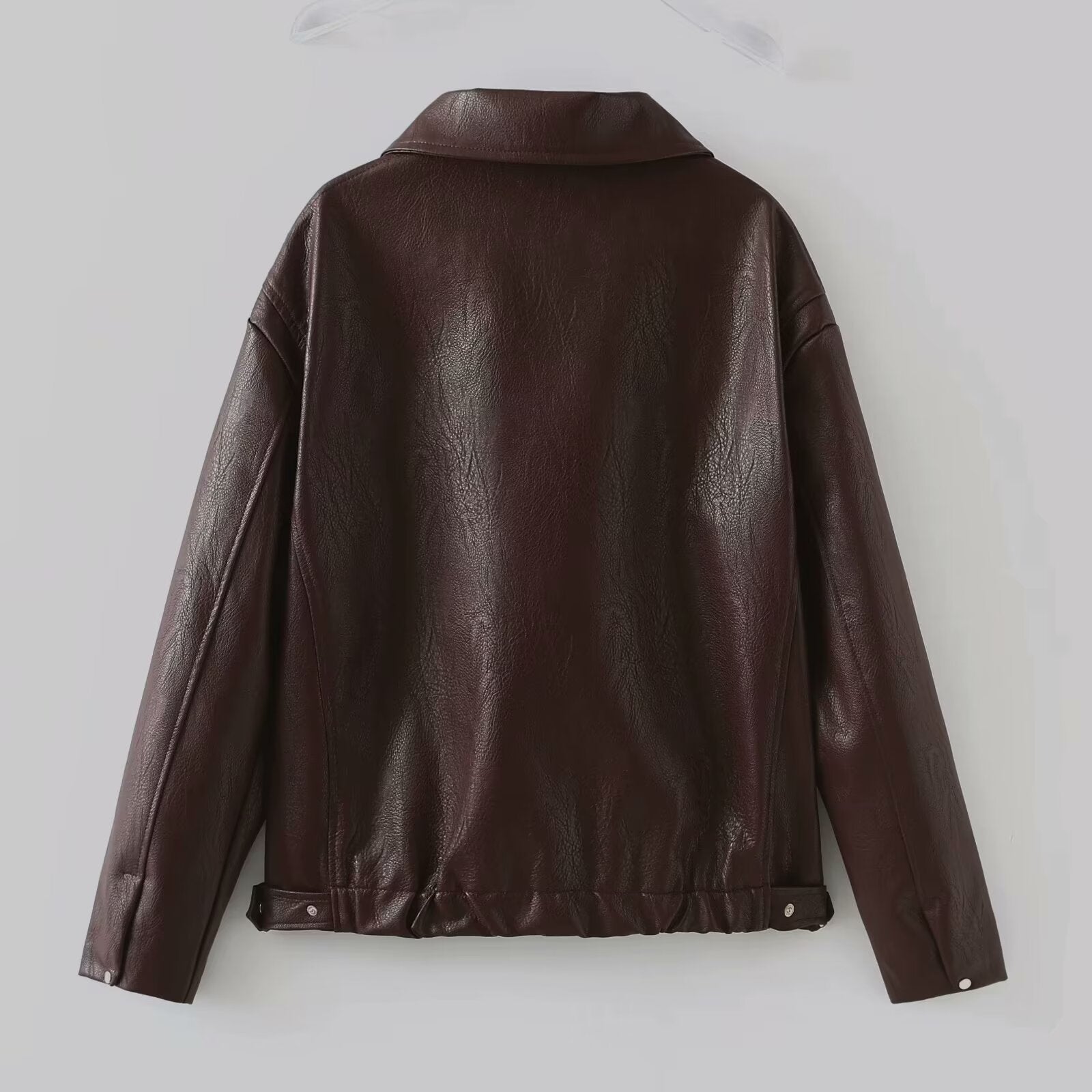 Solid Square Collar Leather Jacket