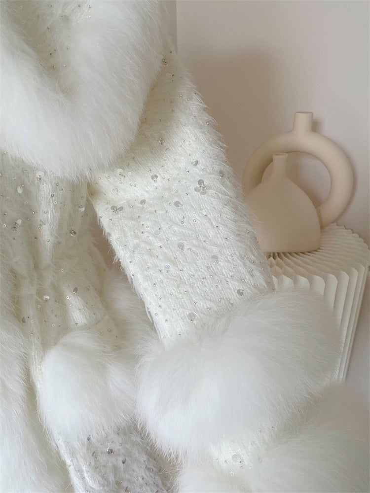 Elegant Fox Fur Down Beaded Coat