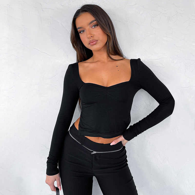 Solid Long Sleeve Pleated Side Slit Top