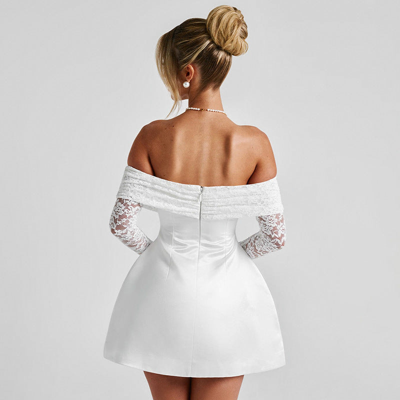 Off-neck Lace Long Sleeve Mini Dress