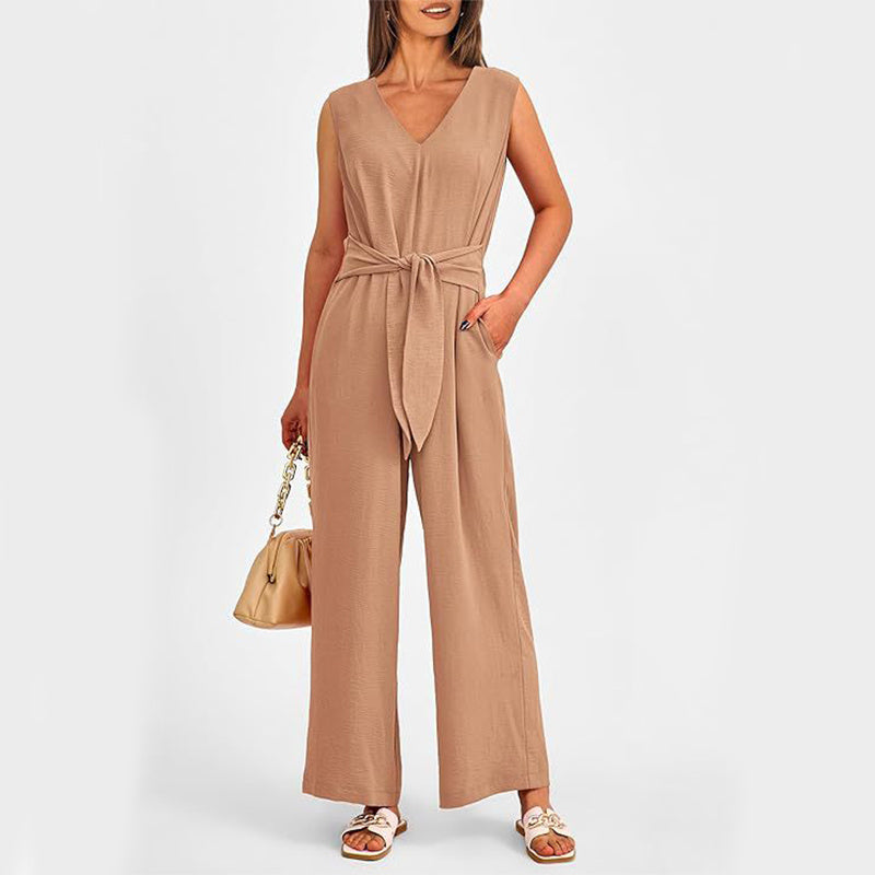 V-neck Sleeveless Long Jumpsuit With Pockets And Lace-up