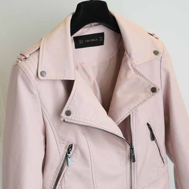 Pink PU Short Leather Jacket