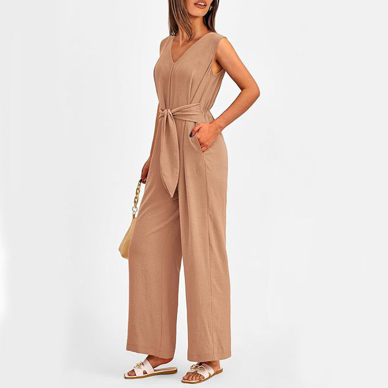 V-neck Sleeveless Long Jumpsuit With Pockets And Lace-up