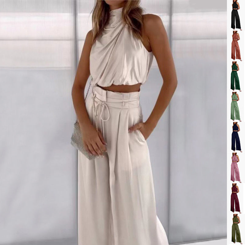 Sleeveless Midriff-baring Top And Wide Leg Pants 2pcs Set