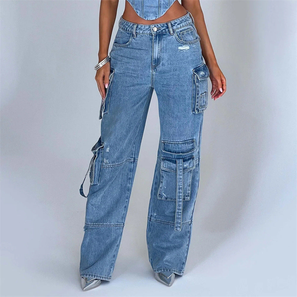 Low Waist Three-dimensional Tube Top And Pocket Stitching Jeans