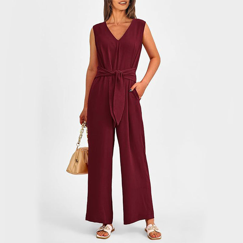 V-neck Sleeveless Long Jumpsuit With Pockets And Lace-up