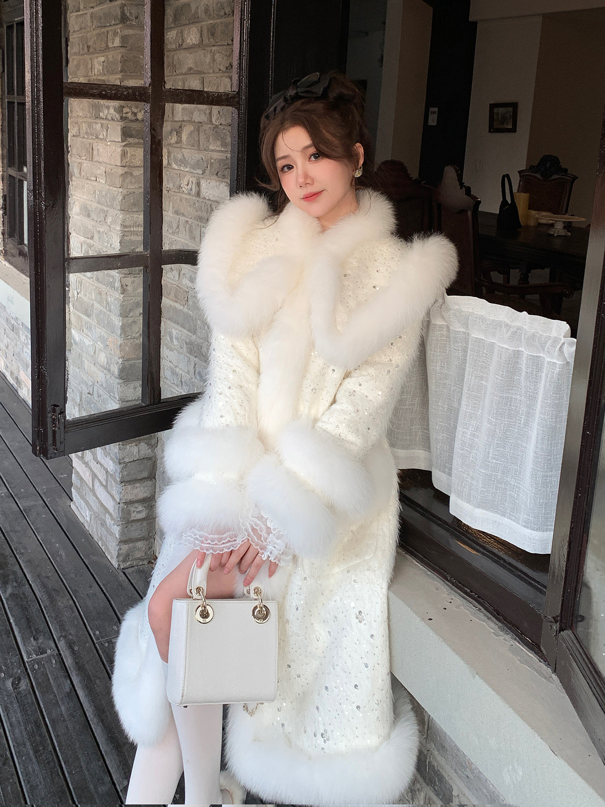 Elegant Fox Fur Down Beaded Coat