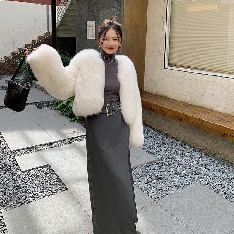 Elegant Pure White Fox Fur Coat