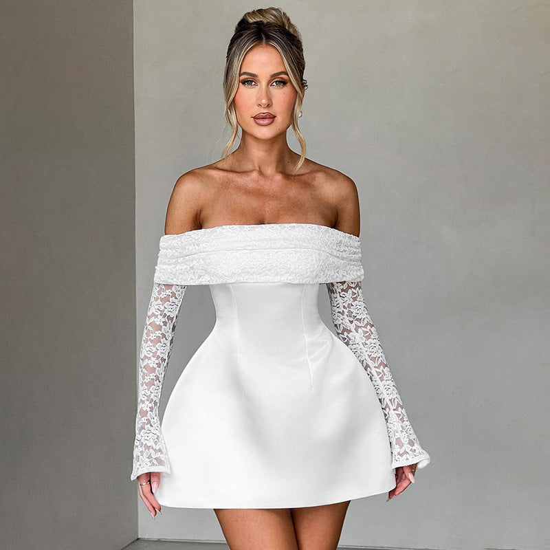 Off-neck Lace Long Sleeve Mini Dress
