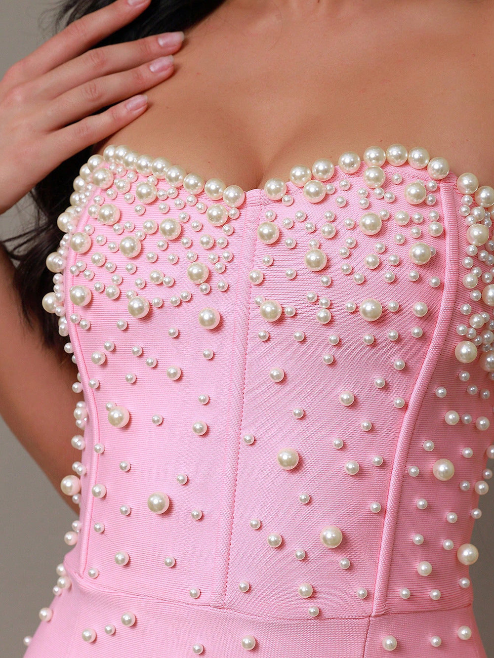 Pink Beaded Long Bandage Dress