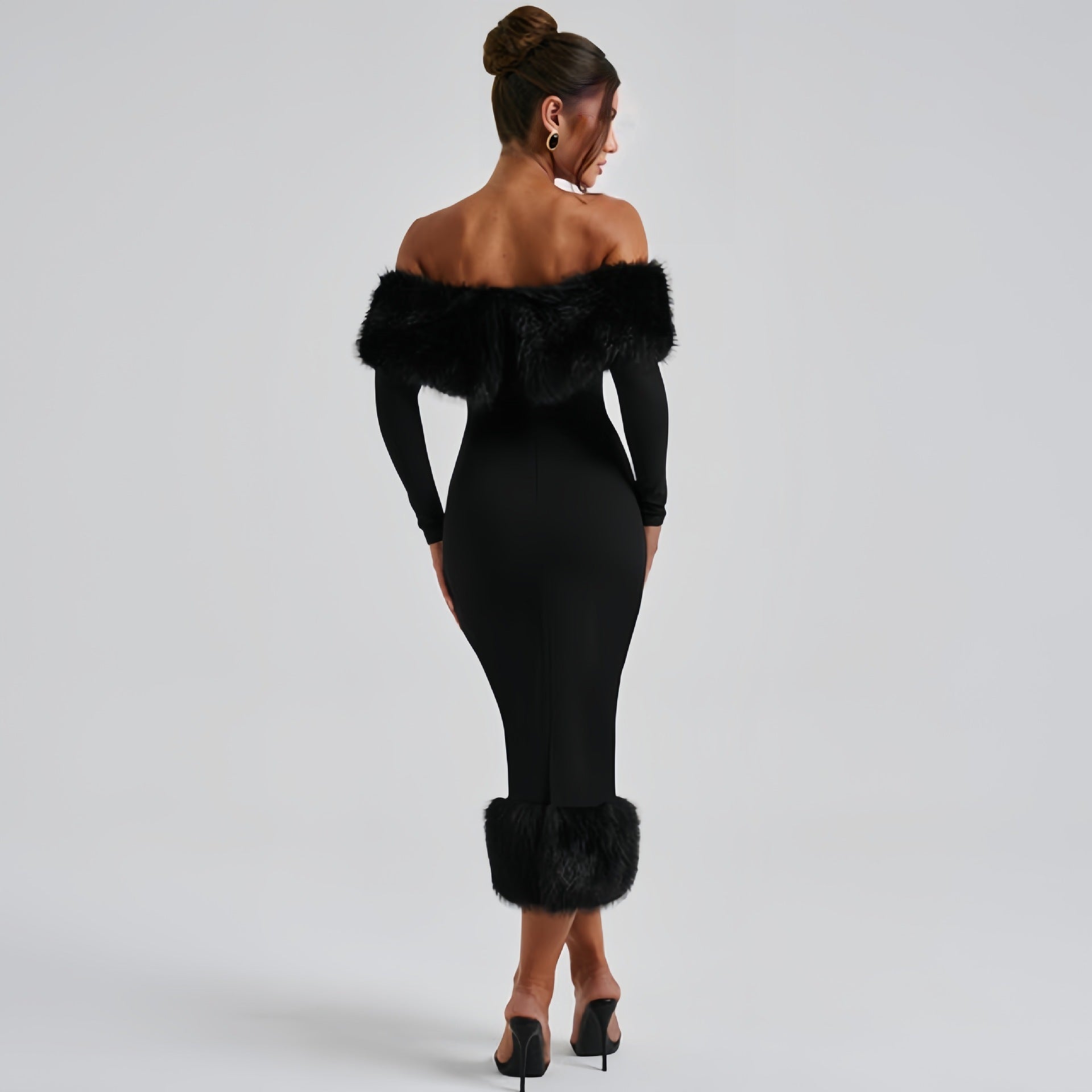 Fur Collar Off-neck Long Sleeve Maxi Dress
