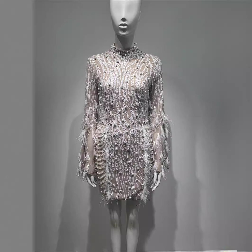 Sequin Feather-Foam Beads Mini Dress