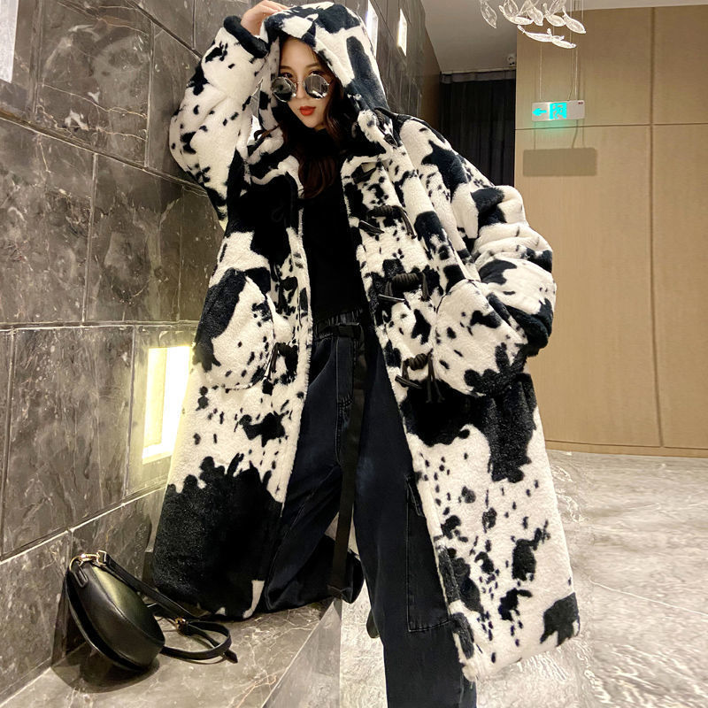 Long Cow Pattern Fur Coat