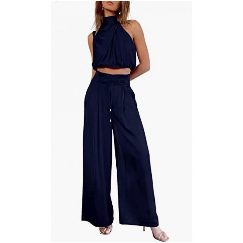 Sleeveless Midriff-baring Top And Wide Leg Pants 2pcs Set