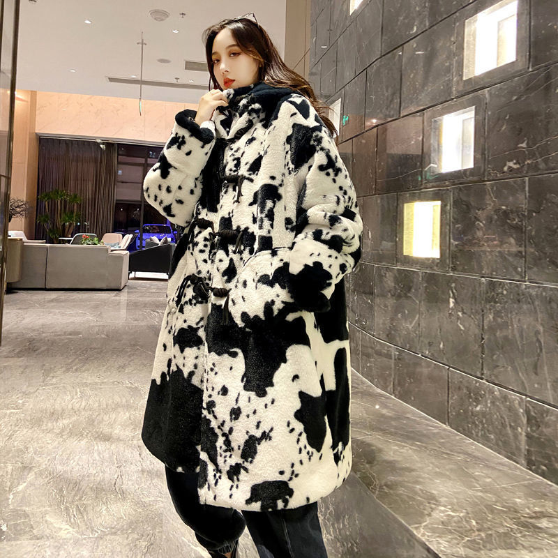 Long Cow Pattern Fur Coat