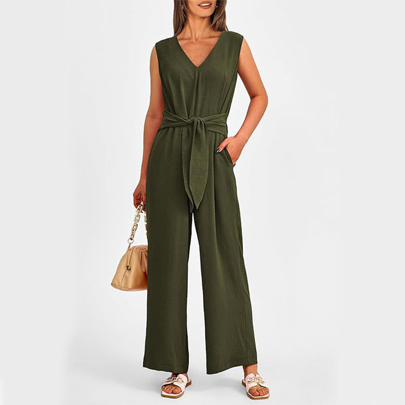 V-neck Sleeveless Long Jumpsuit With Pockets And Lace-up