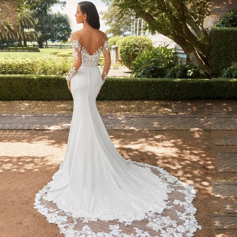 White Long-sleeve Backless Lace Fishtail Wedding Dress