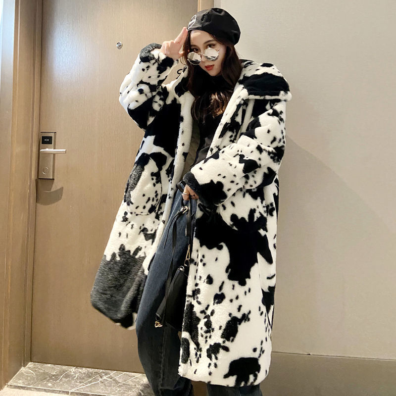 Long Cow Pattern Fur Coat