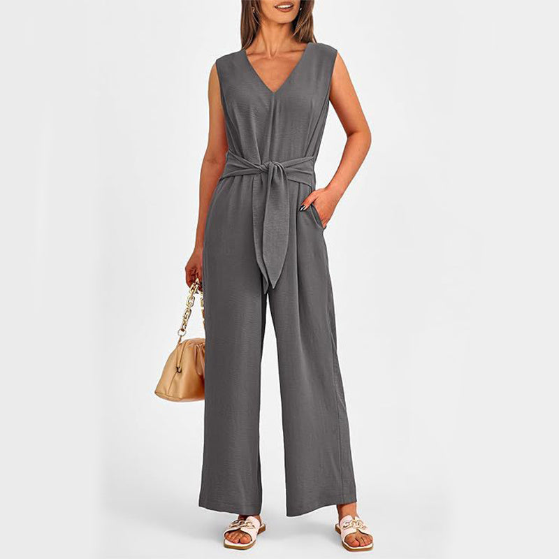 V-neck Sleeveless Long Jumpsuit With Pockets And Lace-up