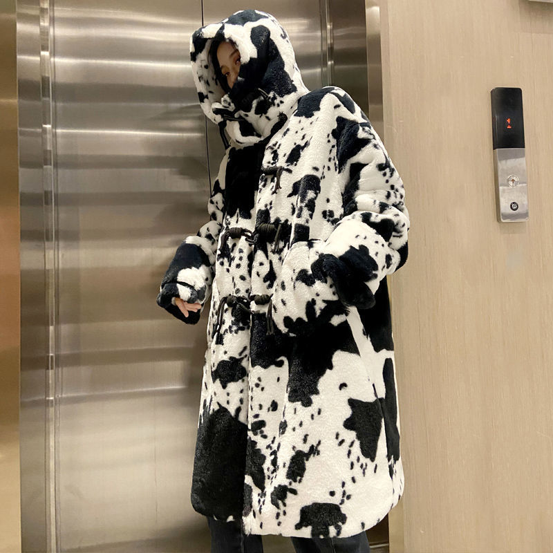 Long Cow Pattern Fur Coat