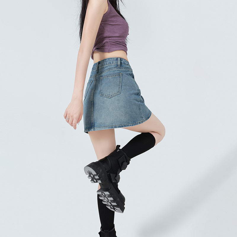 Summer Denim High Waist A- Line Skirt