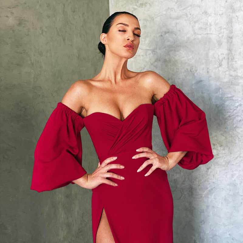 RED Off shoulder Puff Sleeve Maxi Dress