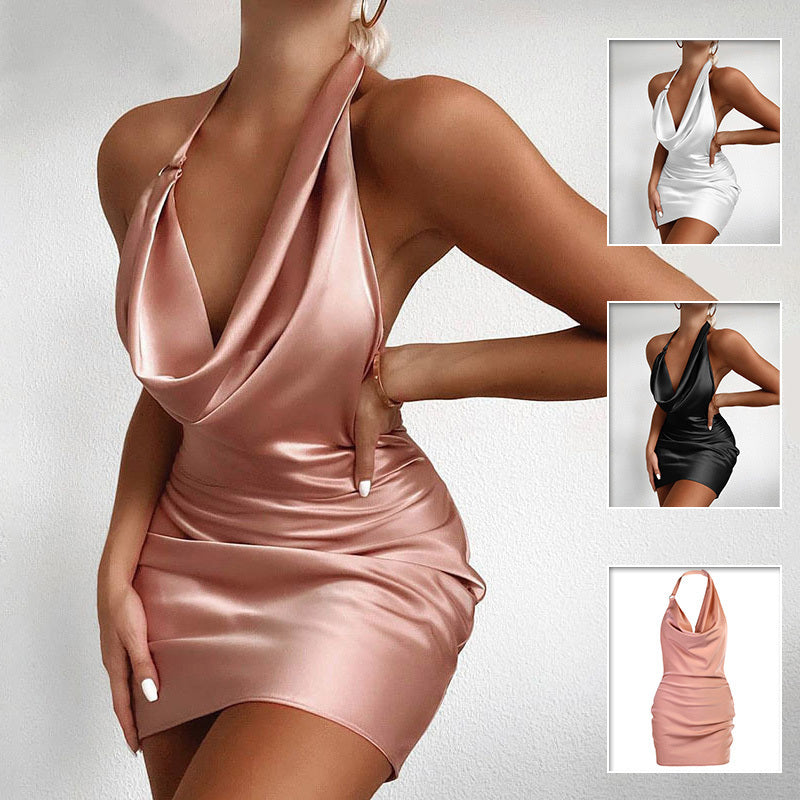 Satin V Neck Backless Mini Dress