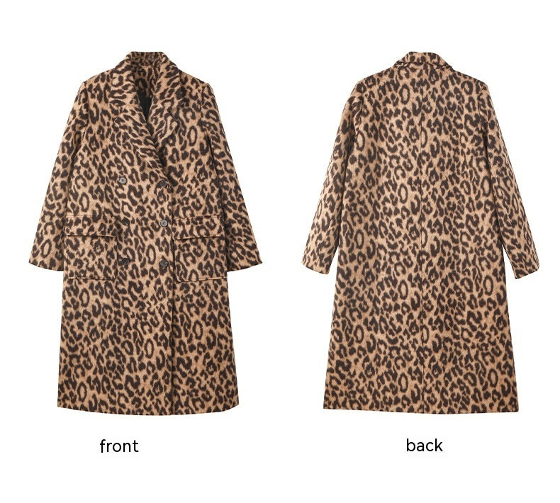 Long Leopard Print Woollen Coat