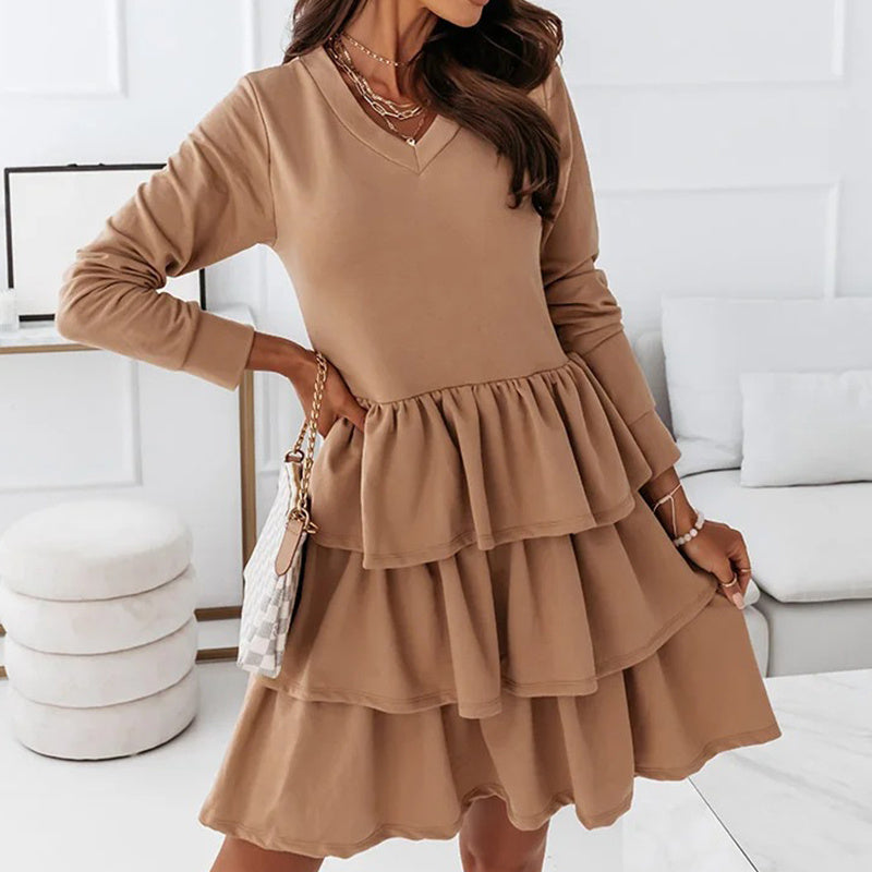 Long-sleeved V-neck Irregular Midi Dress