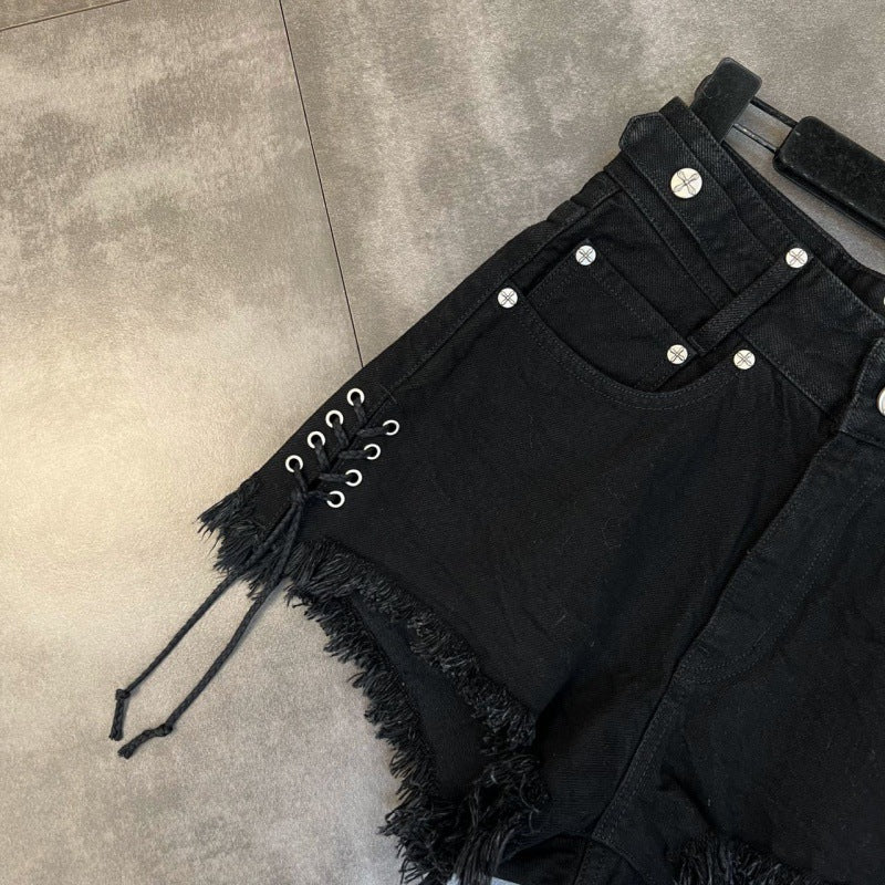 Lace-up Frayed Cross Flower & Pattern Denim Shorts