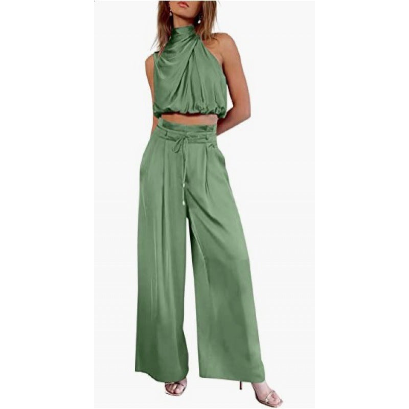 Sleeveless Midriff-baring Top And Wide Leg Pants 2pcs Set