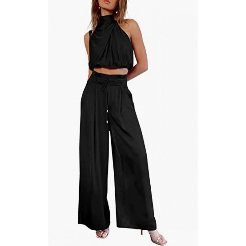 Sleeveless Midriff-baring Top And Wide Leg Pants 2pcs Set