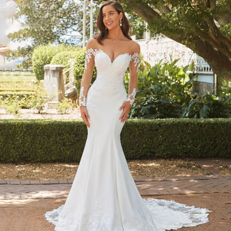 White Long-sleeve Backless Lace Fishtail Wedding Dress