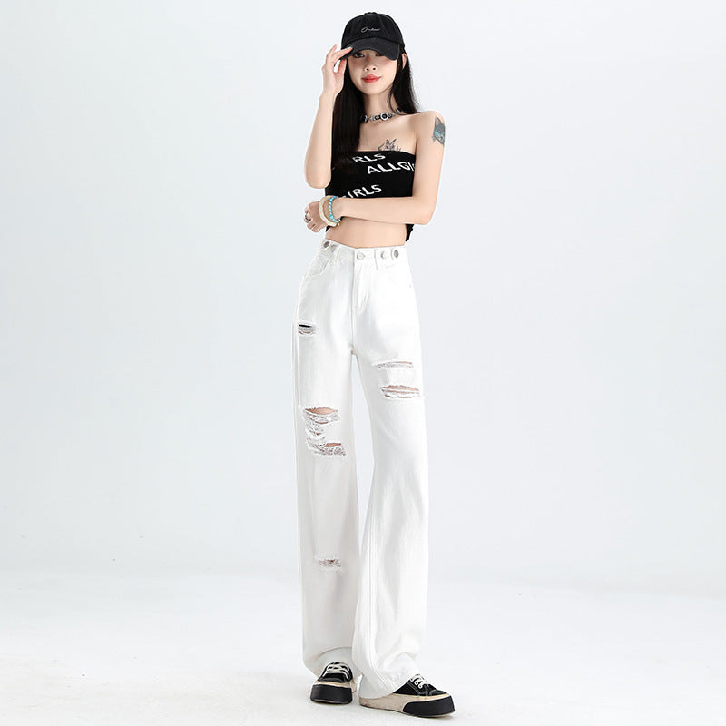 High-Waist Denim Pants Slim Fit Straight